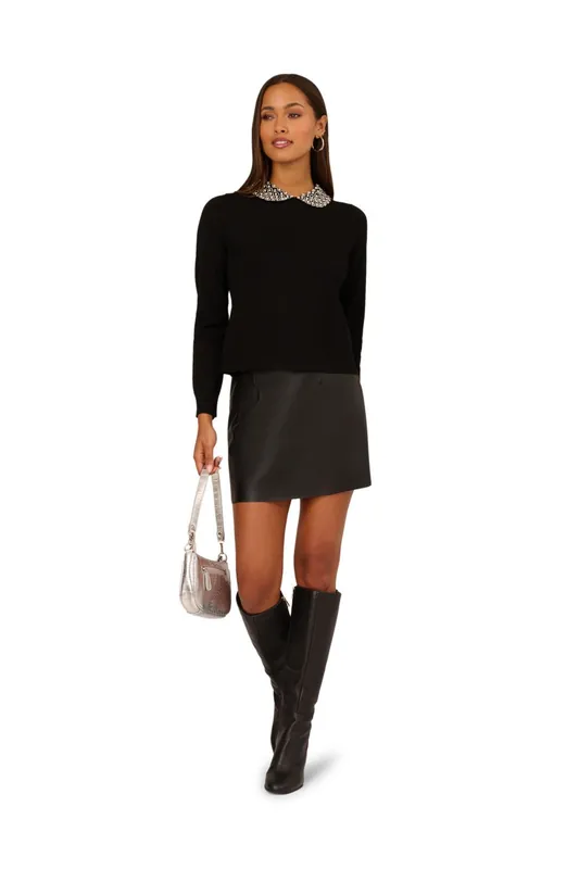 Embellished Polo Collar Long Sleeve Pullover Sweater - Adrianna Papell
