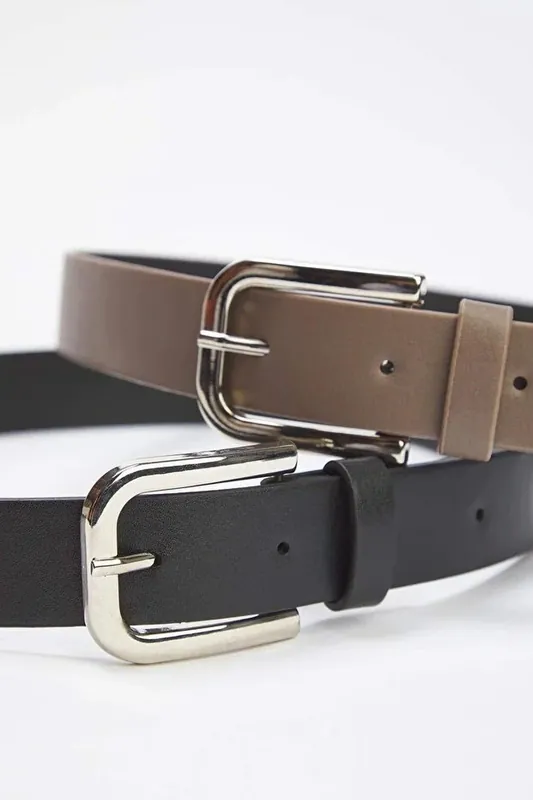 Double Pack Silver Buckle Rounded Faux Leather Belt - WOVCOR
