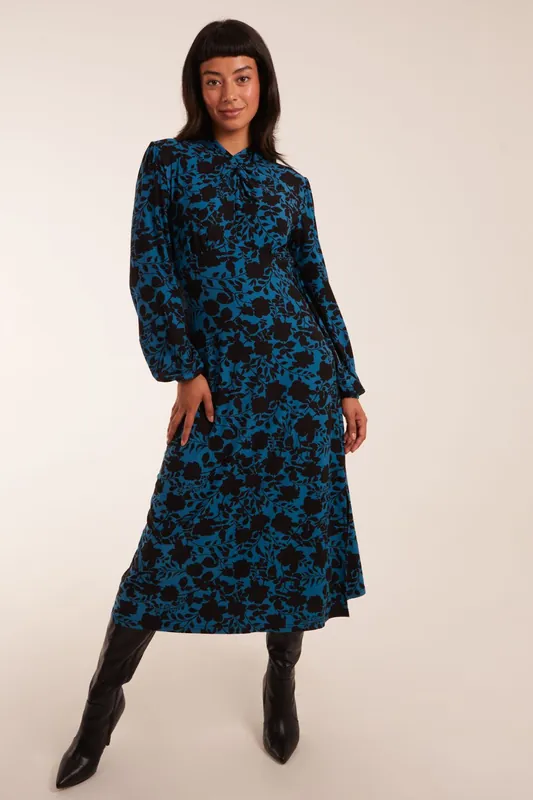 Wrap Neck Fit And Flare Midi Dress - Blue Vanilla