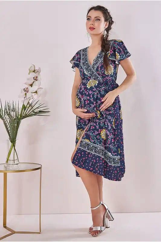 Maternity Floral Print Midi Navy Print - Goddiva