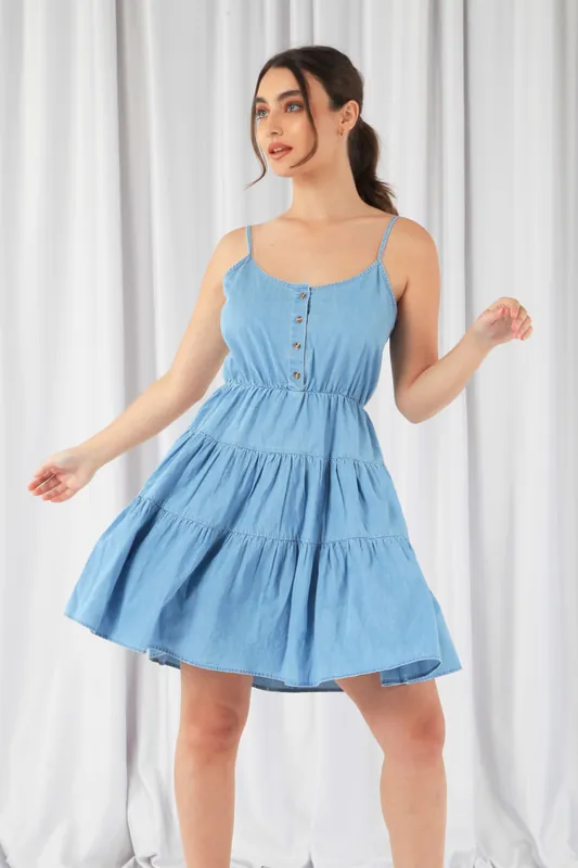 Tiered Strappy Chambray Denim Dress - DOUBLE SECOND