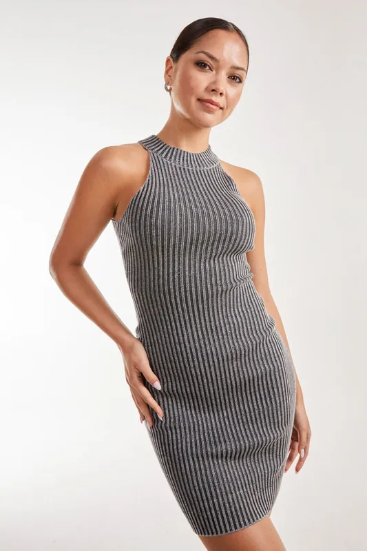 High Neck Two Tone Rib Racer Dress - Pink Vanilla