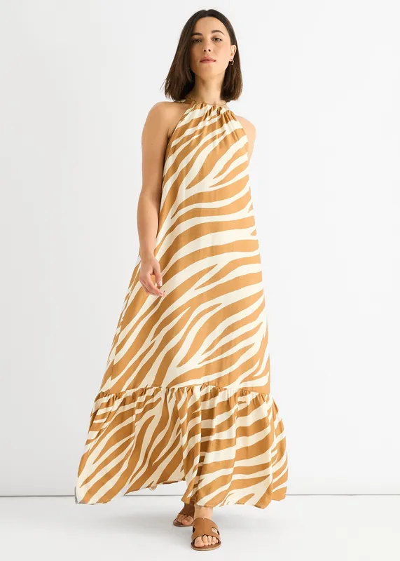 Brown Zebra Print Halter Neck Maxi Dress - Gini London