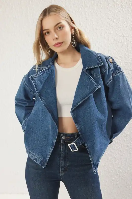 Oversized Denim Biker Style Jacket with Wide Lapel - WOVCOR