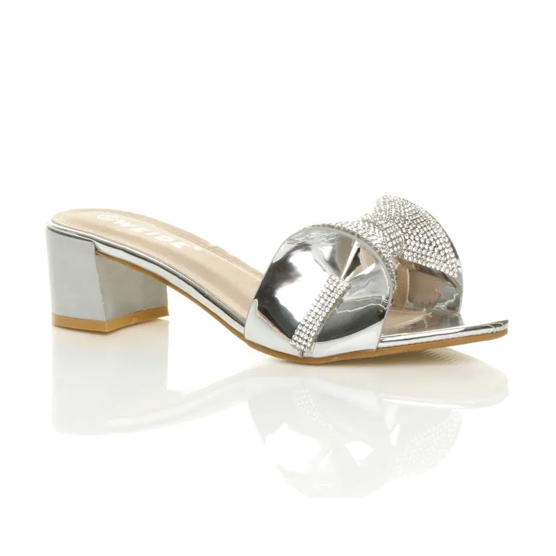 Mid Block Heel Diamante Bow Sandals - AJVANI