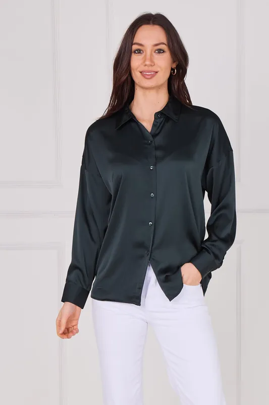 Deep Teal Brushed Satin Oversized Shirt - Love Sunshine