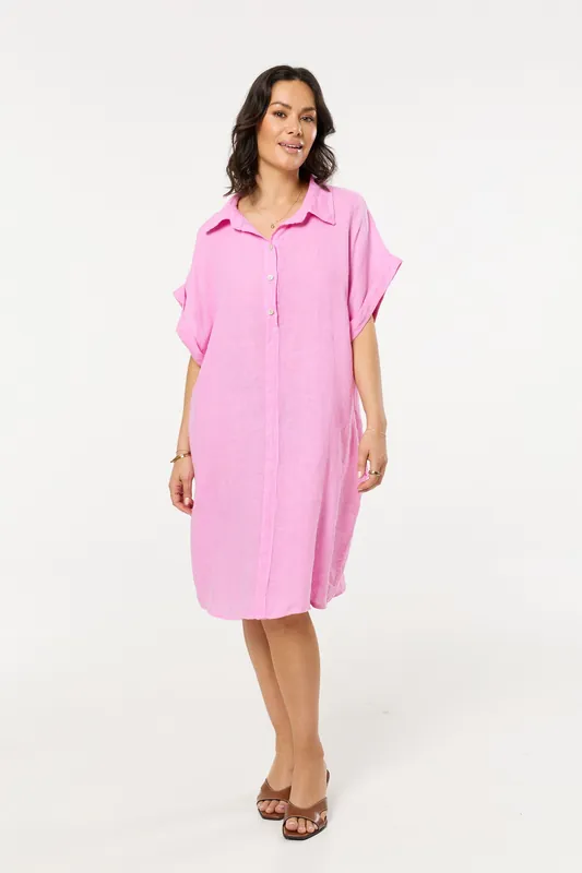 Pink Linen Shirt Dress - Liquorish