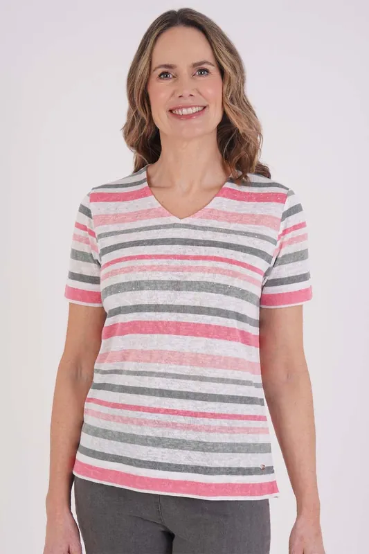 Stripe And Diamante V Neck Top - Tigi