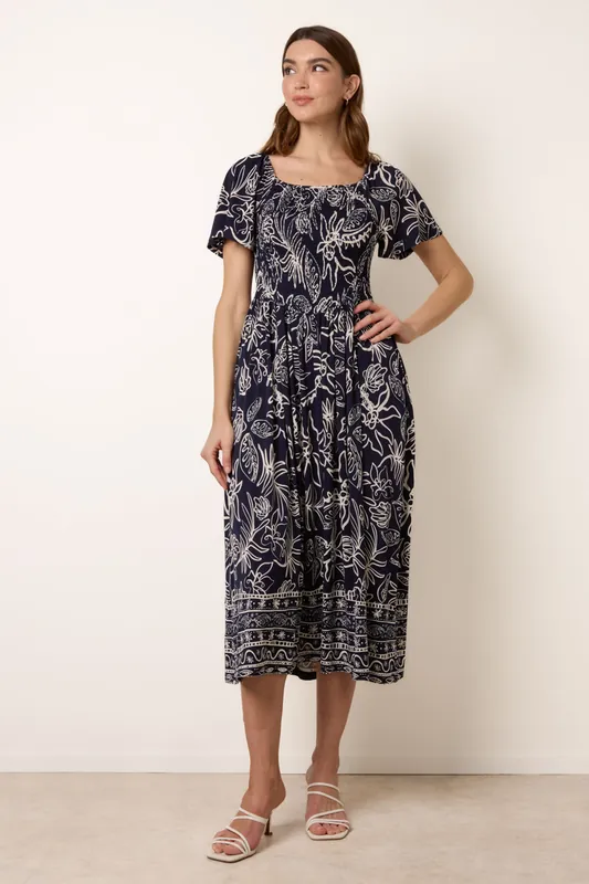 Navy Shirred Drop Waist Midi Dress - Blue Vanilla