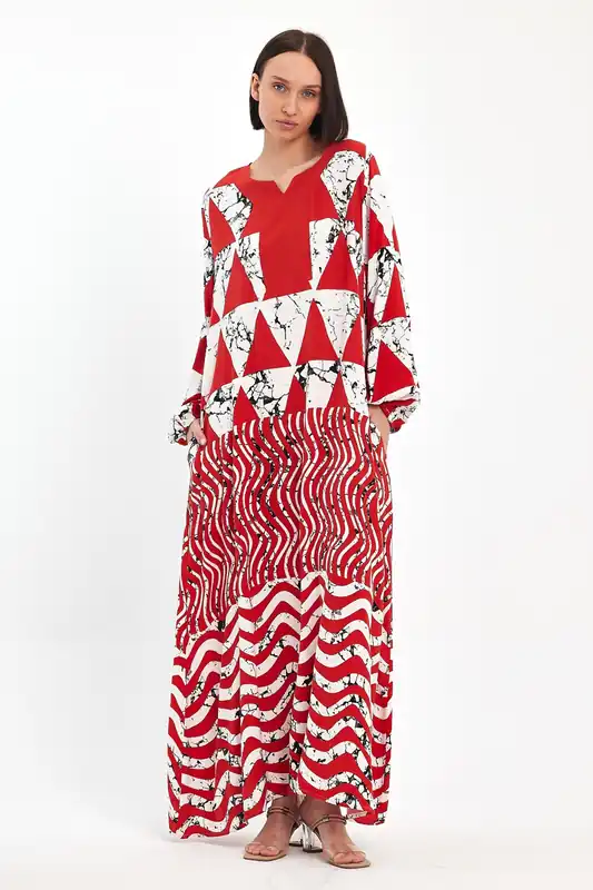Abstract Print Maxi Dress with Long Sleeves in Red - Belissh