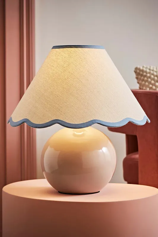 Bosco Natural Stone Globe Ceramic Table Lamp with Linen Scalloped Lamp Shade - ValueLights