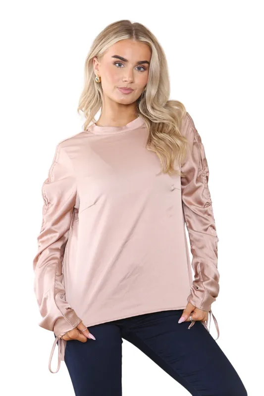 Rose Gold Long Ruched Drawstring Sleeve Crew Round Neck Top - ELAINA FASHION
