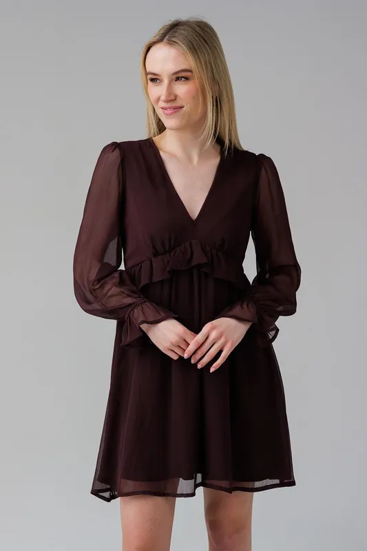 Flowy Chiffon Smock V-Neck Long Sleeve Mini Dress