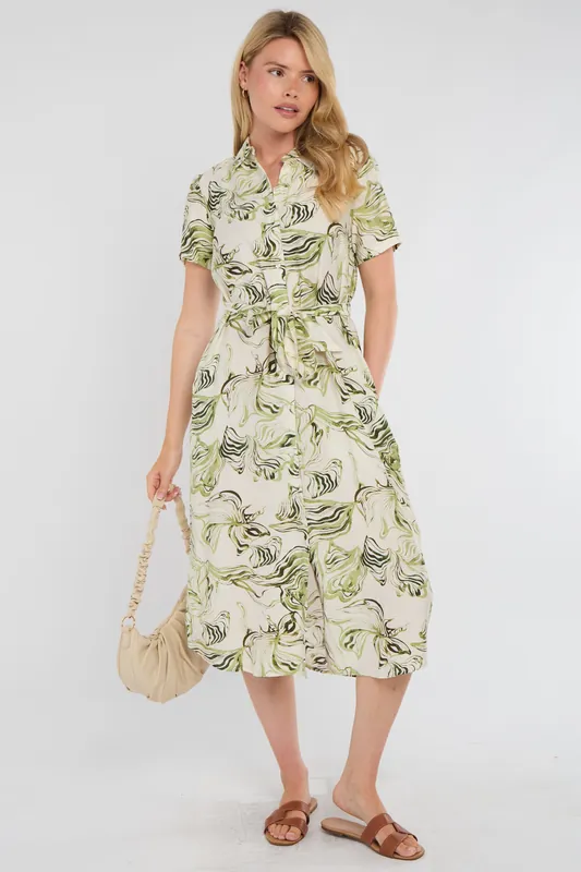 Green Swirl Print Short Sleeve Midi Shirt Dress - Love Sunshine