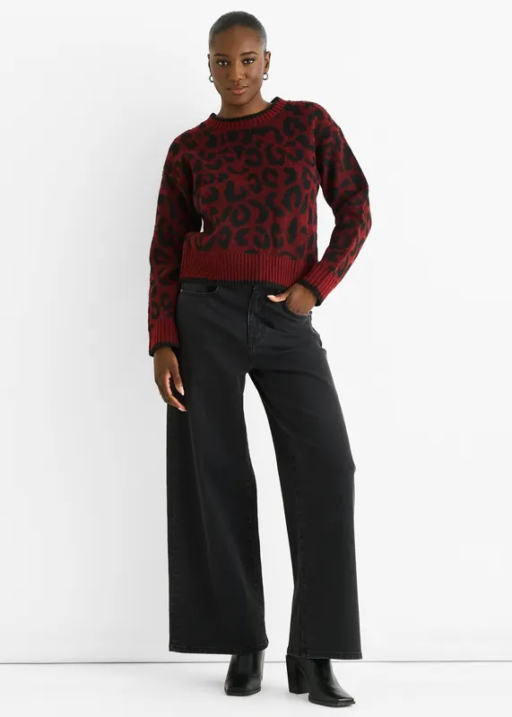 Burgundy Contrast Piping Animal Knit Jumper - Gini London