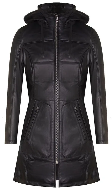 Leather Hooded Quilted Parka Coat-Olney