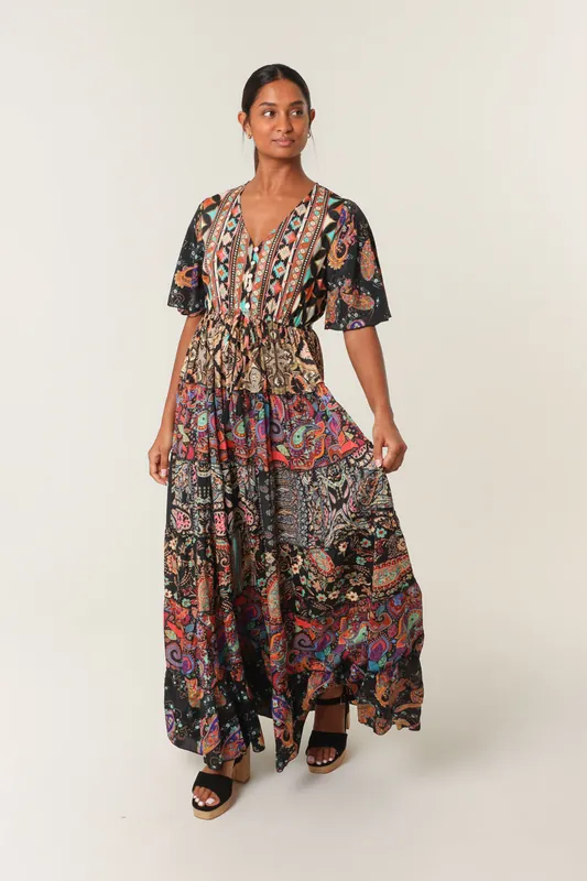 Black Angel Sleeve Button Front Maxi Dress - Blue Vanilla