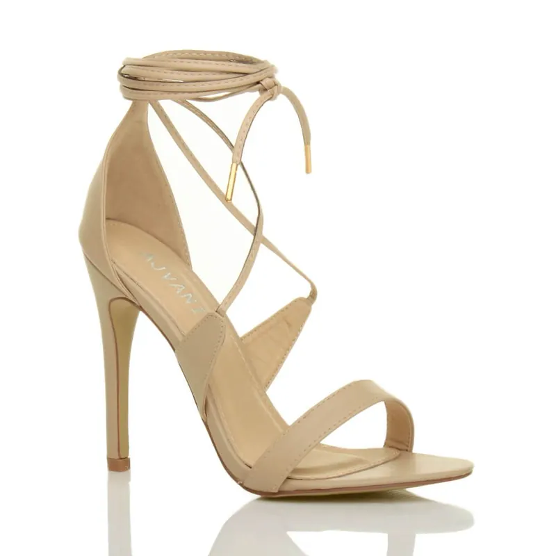 High Heel Tie Up Barely There Sandals Strappy Heels - AJVANI