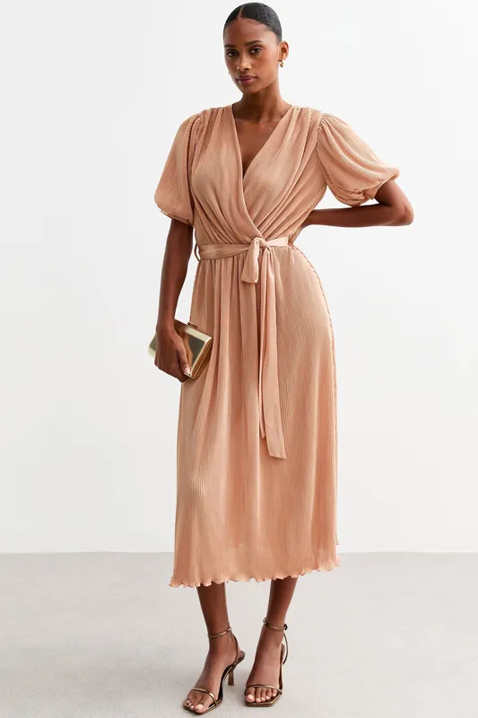 Nude Short Sleeves Plisse Wrap Midi Dress - Gini London
