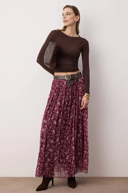 Belted Floral Chiffon Maxi Skirt with Crinkle Texture - WOVCOR