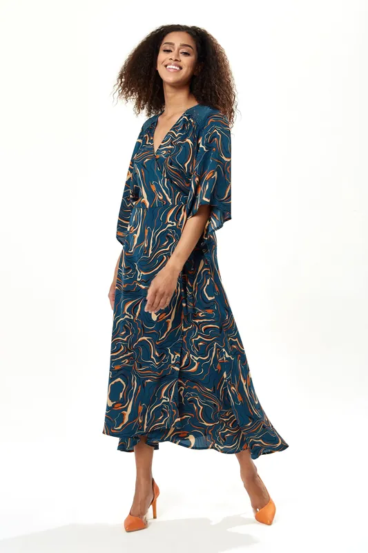 Scribble Print Maxi Wrap Dress With Kimono Sleeves In Dark Green - Liquorish