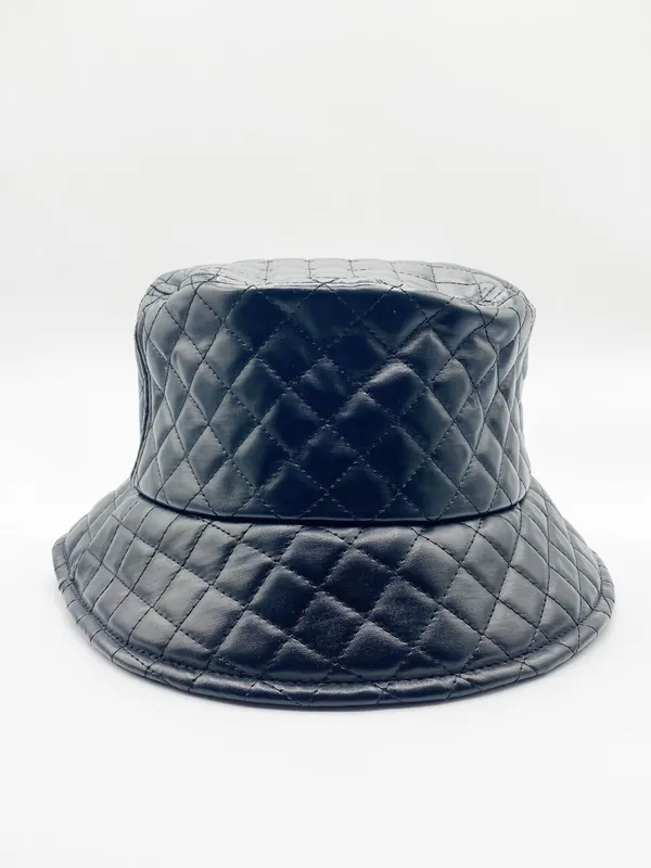 Emerald Quilted PU Leather Bucket Hat In Black - SVNX