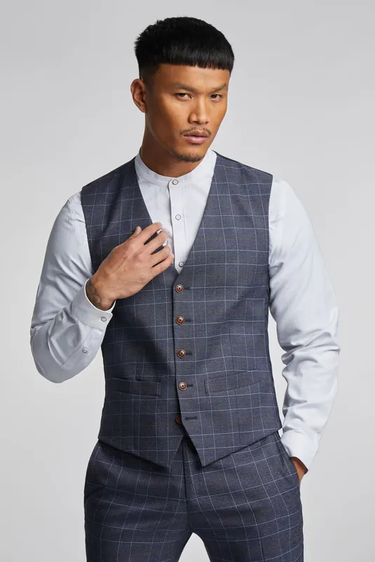 Dark Blue Tan Overcheck Waistcoat - Antique Rogue