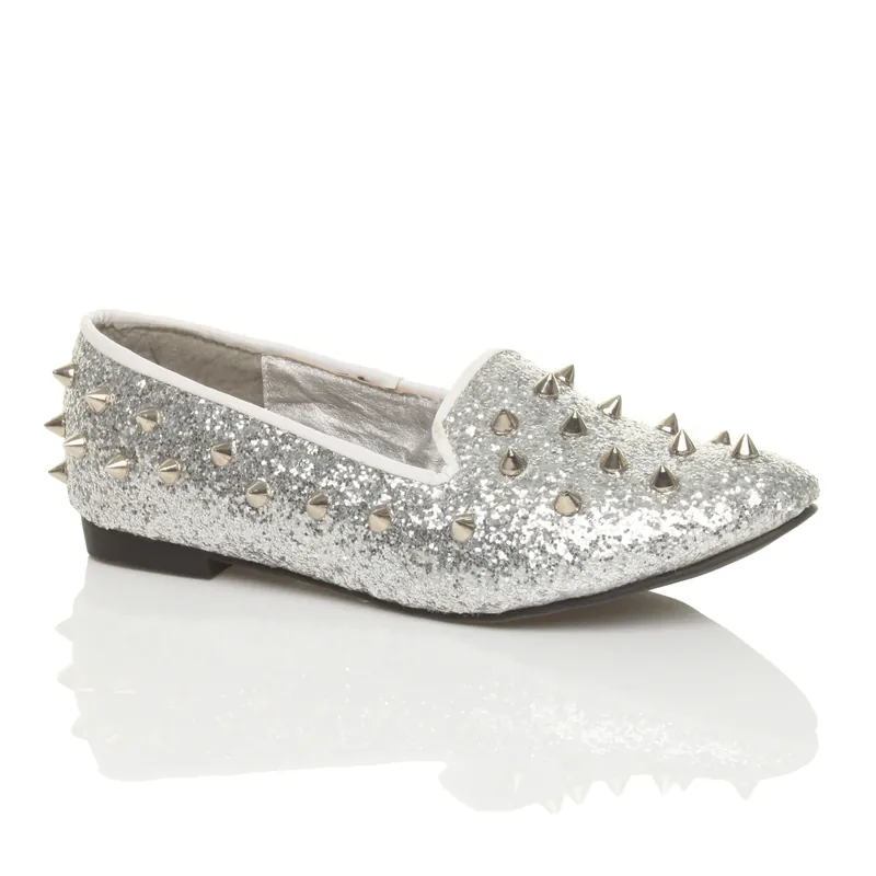 Flat Heel Studded Spike Diamante Loafers - AJVANI