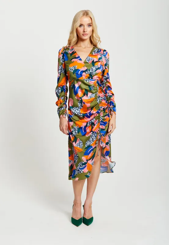 Abstract Leaf Print Midi Ruched Dress In Olive - Liquorish