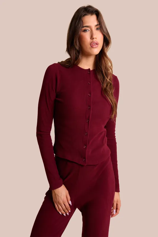 Rib Button Through Long Sleeve Top Burgundy - Public Desire