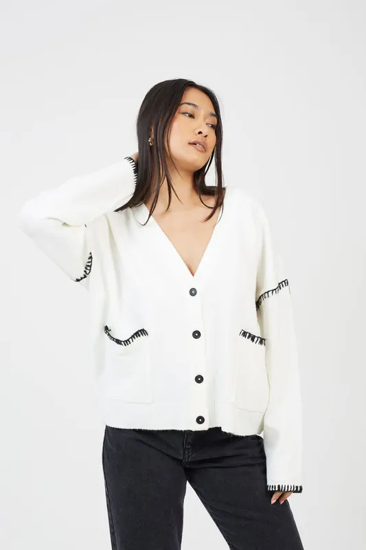 Contrast Stitch Button Through V-neck Cardigan