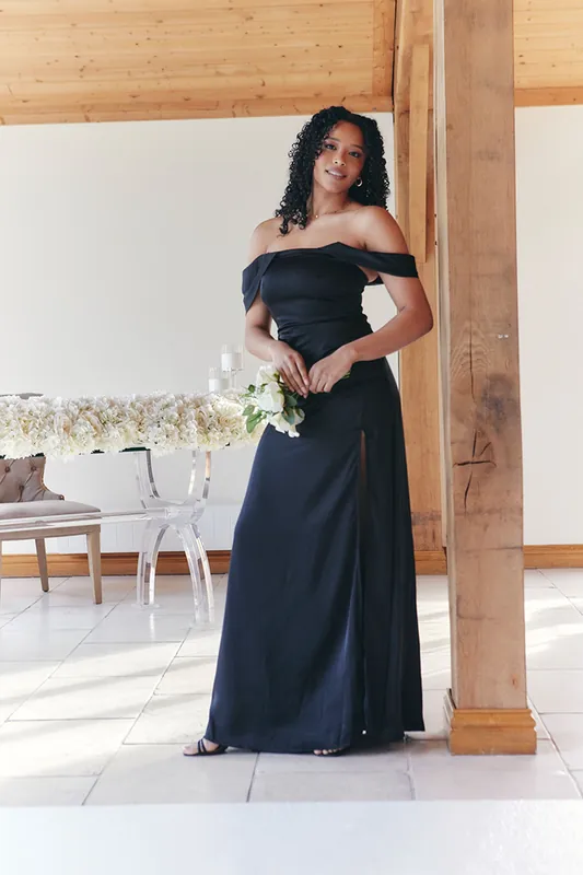 Satin Bardot Ruched Maxi Dress - In The Style
