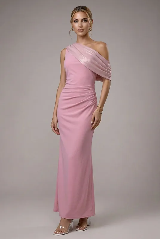 Lurex Pleated Bardot One Shoulder Cape Maxi Dress - Goddiva