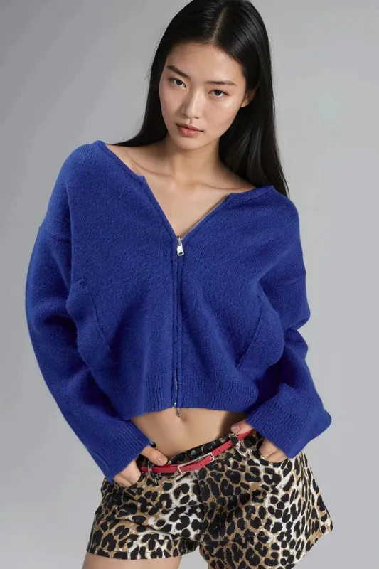 Zippered Knit Cardigan With Pockets - MyFashion
