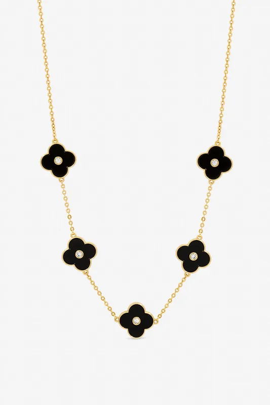 Gold Plated and Jet Polished Clover Necklace - Jon Richard