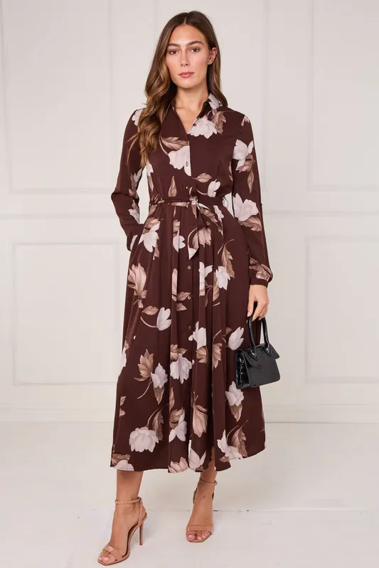 Chocolate and Cream Magnolia Print Maxi Shirt Dress - Love Sunshine