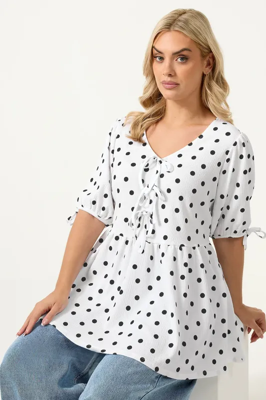 Polka Dot Bow Front Peplum Top - Yours
