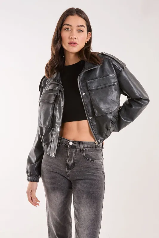 PU Utility Cropped Bomber Jacket - Pink Vanilla