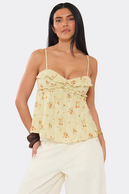 Strappy Sweetheart Neckline Frill Trim Floral Woven Cami Top - EGO