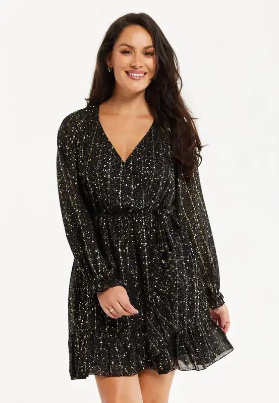 Gold Printed Chiffon Mini Wrap Dress - Liquorish