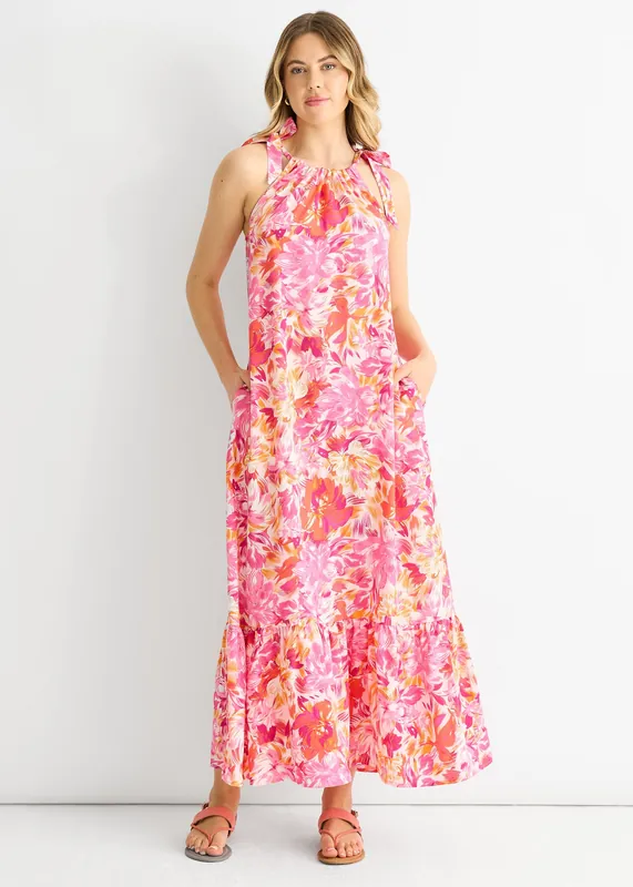 Red Floral Tie Straps Trapeze Dress - Gini London