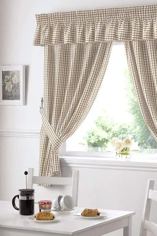Gingham Beige Checkered Taped Curtains With Tie Backs - Alan Symonds