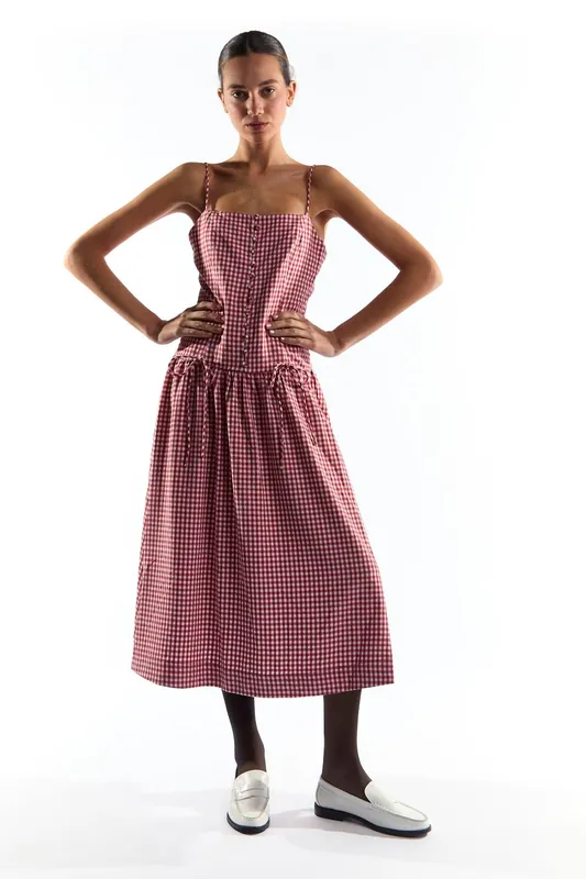 Button Through Dropped Waist Midi Dress - Shnoo
