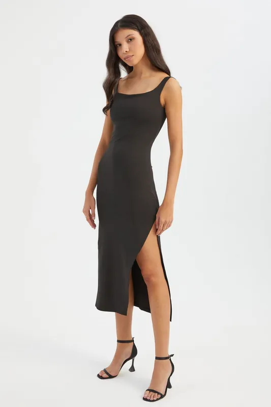 Square Neck Sleeveless Midi Bodycon Dress with a Side Slit - Hiccup