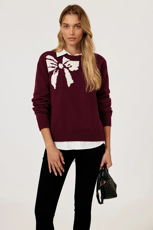 Bowknot Pattern On Shoulder Knit Jumper Top In Wine - FS Collection