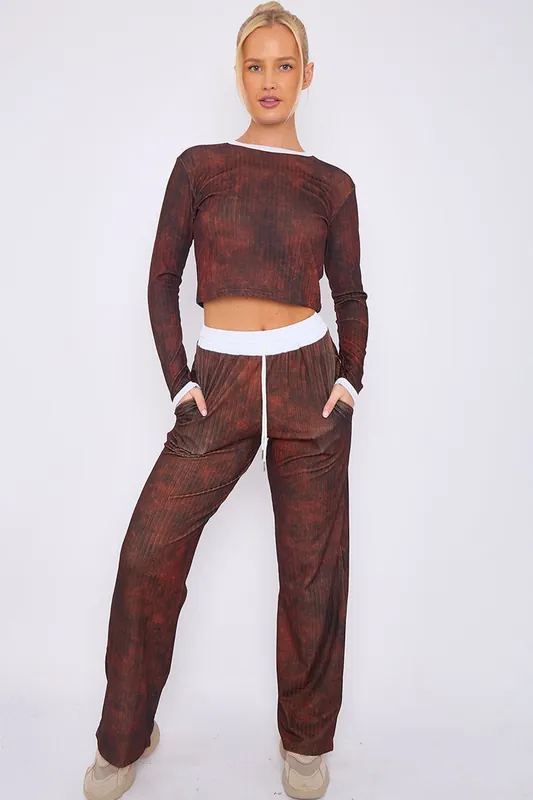 Tie Dye Ribbed Crop Top and Trouser Co-ord