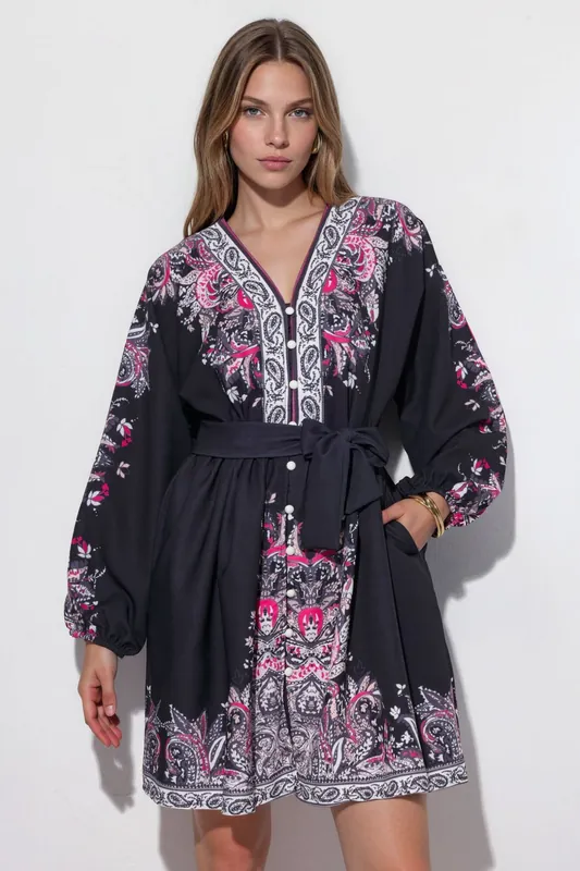 Belted Mini Dress with V-Neck in Paisley
