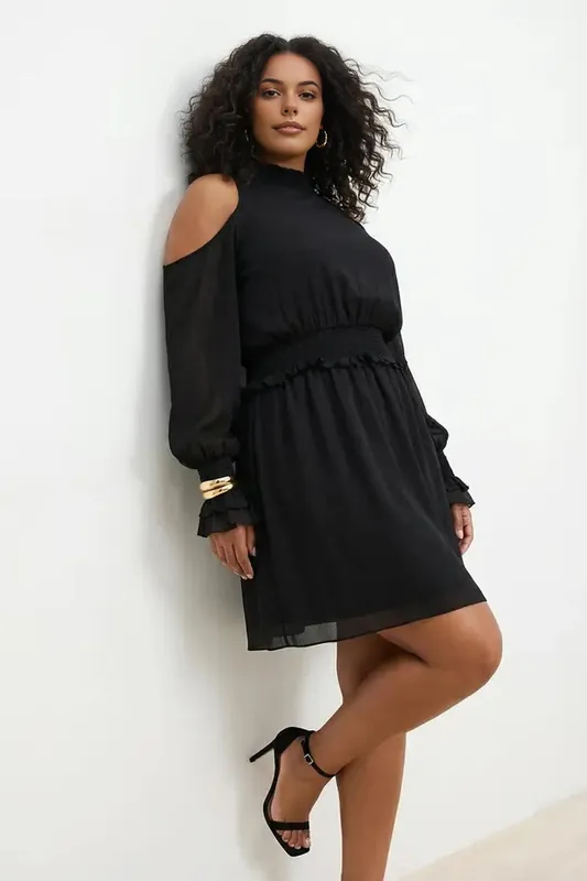 Cold Shoulder Sheer Sleeve Mini Dress with Shirred Waist - WOVCOR