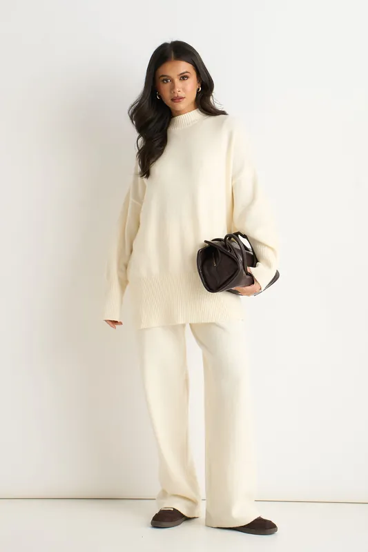 Off White Turtle Neck Oversized Knitted Jumper - Gini London