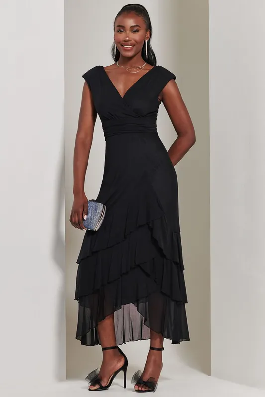 Wrap Bodice Mesh Frill Maxi Dress - Jolie Moi